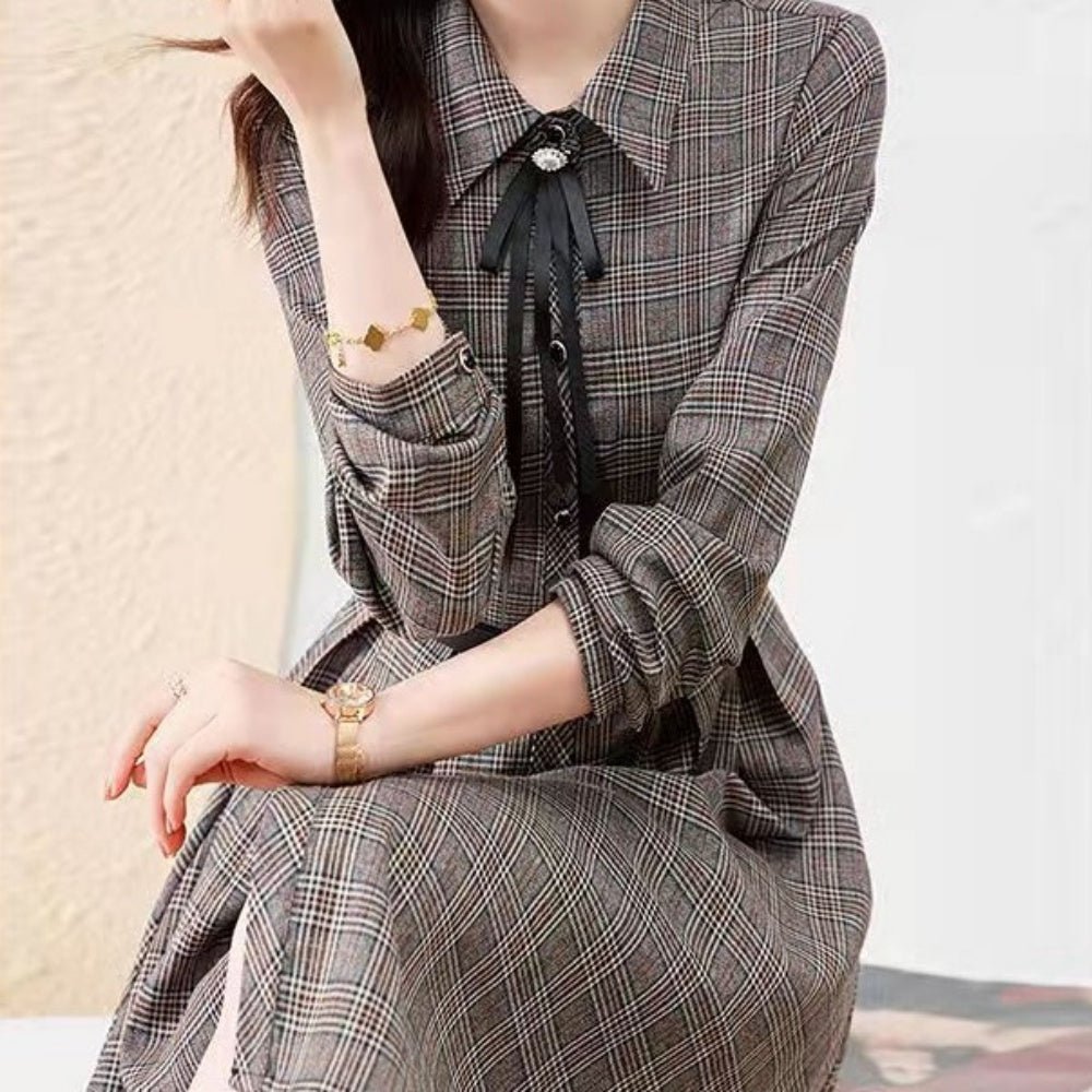 リボン付きチェック柄ひざ丈ワンピース|オフィスカジュアル レディース 通販【ミレジェネ】