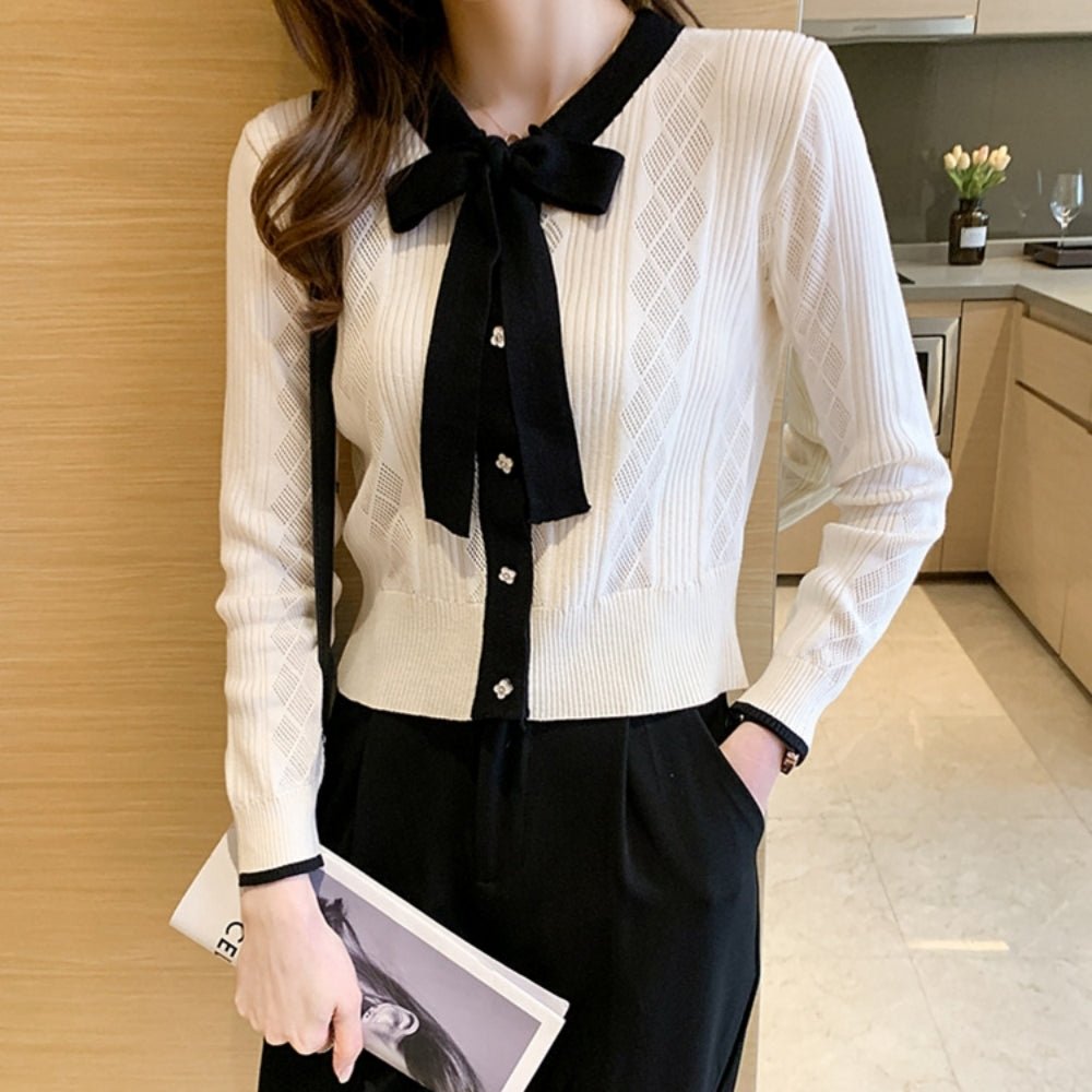 配色ボウタイ付きカーデ風ニットトップス|オフィスカジュアル レディース 通販【ミレジェネ】