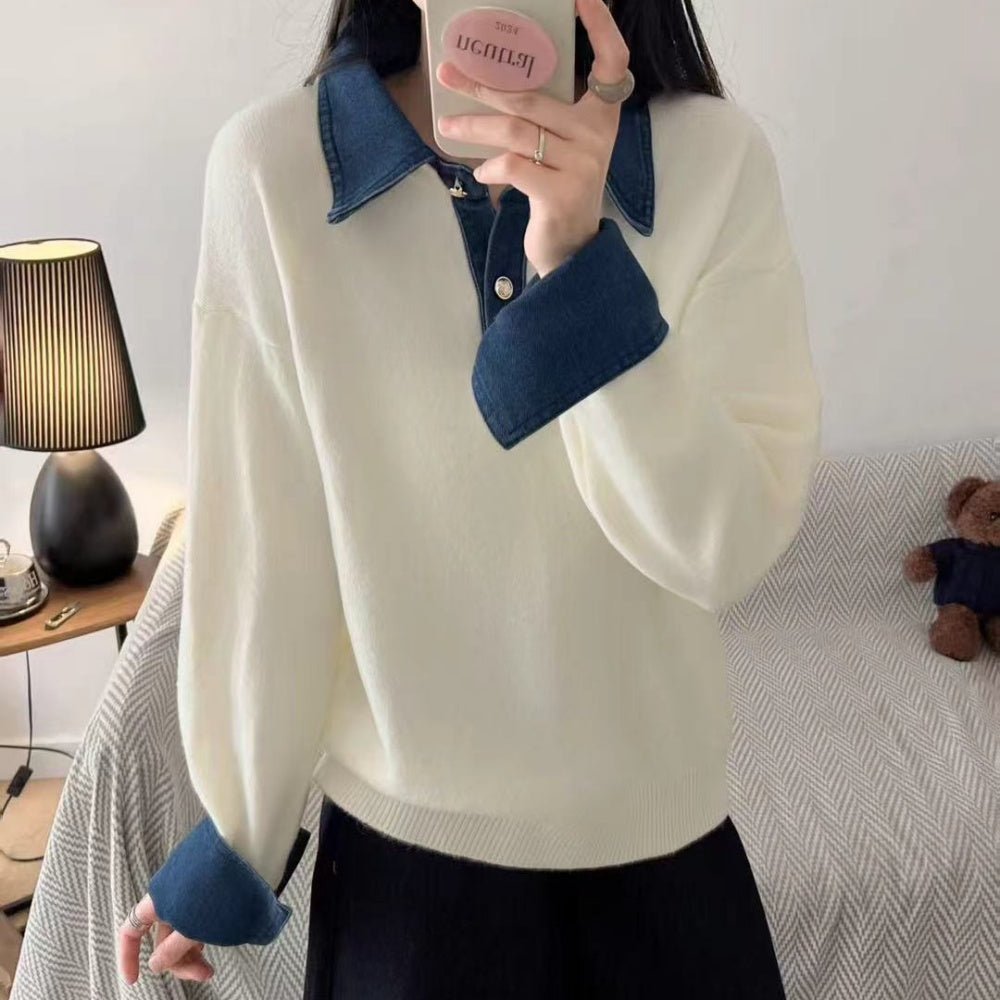 襟袖デニムフェイクレイヤードニット|オフィスカジュアル レディース 通販【ミレジェネ】