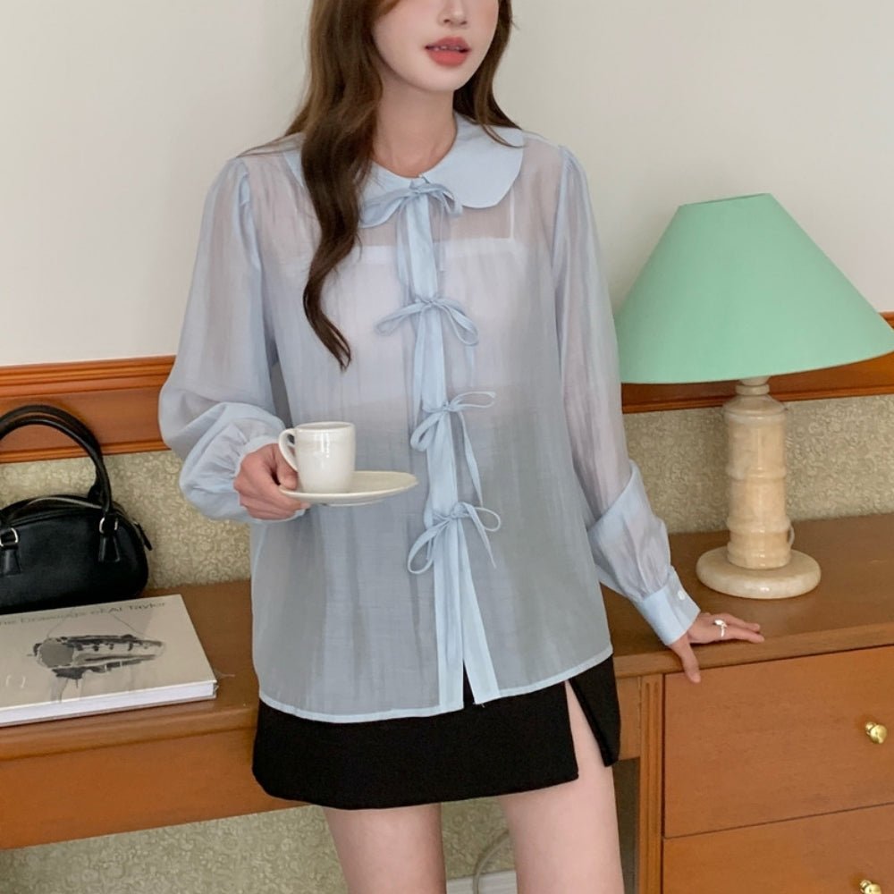 フラットカラーナローリボンシアーブラウス|オフィスカジュアル レディース 通販【ミレジェネ】