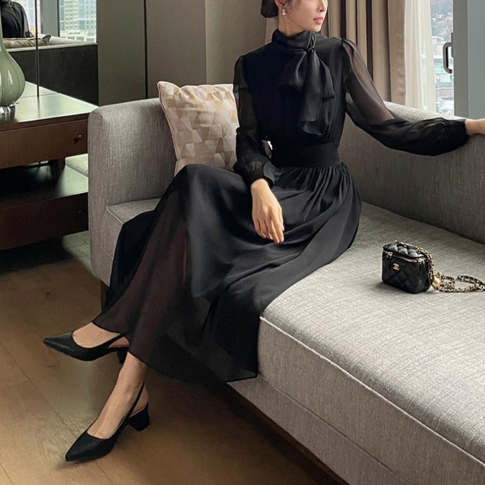 ボウタイネックシフォンフレアワンピース|オフィスカジュアル レディース 通販【ミレジェネ】