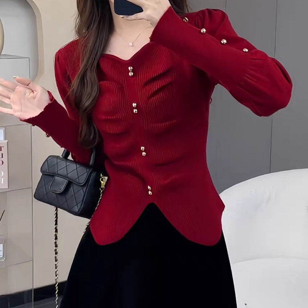 ゴールドボタンハートネックニットトップス|オフィスカジュアル レディース 通販【ミレジェネ】