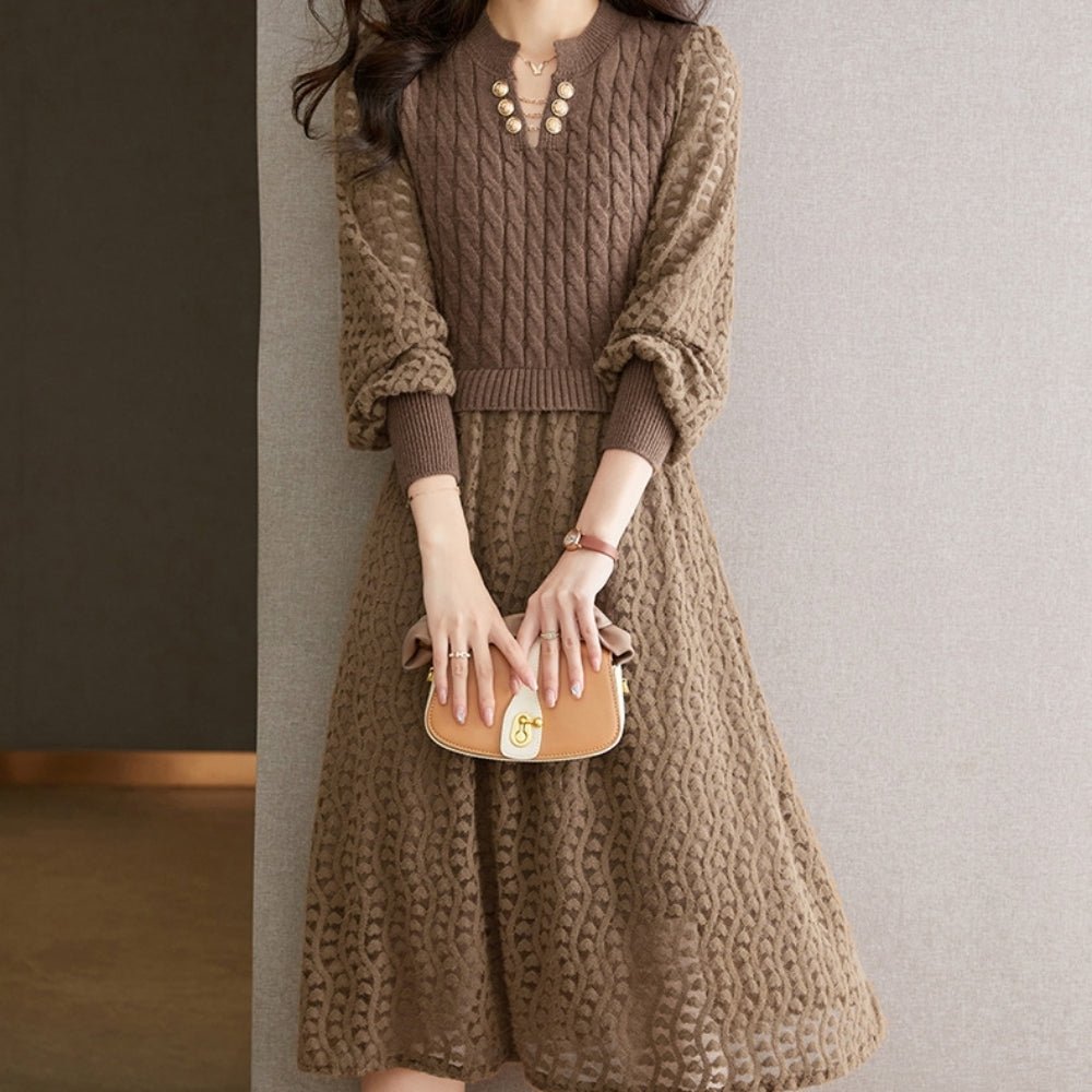 ランタンスリーブシースルー編みニットワンピース|オフィスカジュアル レディース 通販【ミレジェネ】