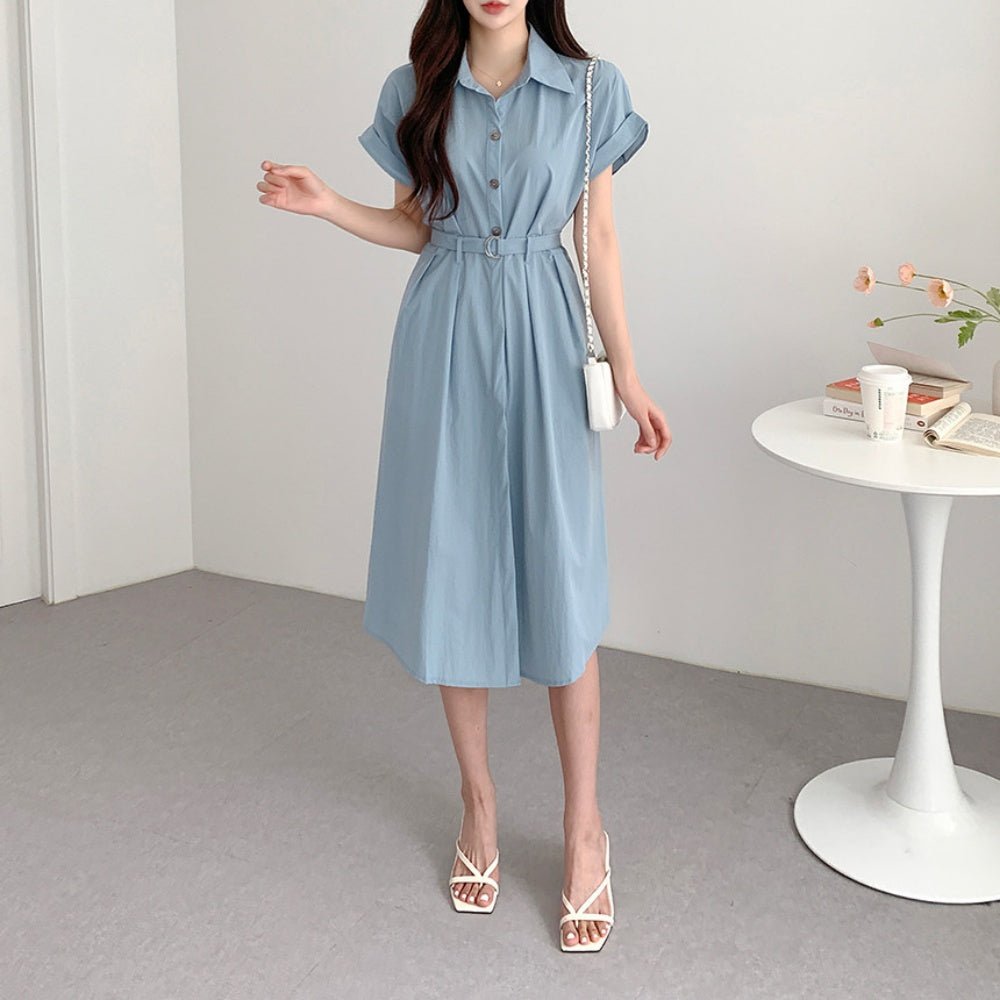 共布ベルト付き開襟半袖ワンピース|オフィスカジュアル レディース 通販 Millennial Generation【ミレジェネ】