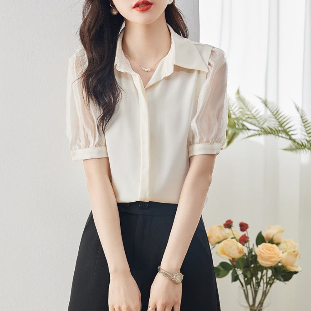 異素材切替パフスリーブブラウス|オフィスカジュアル レディース 通販【ミレジェネ】