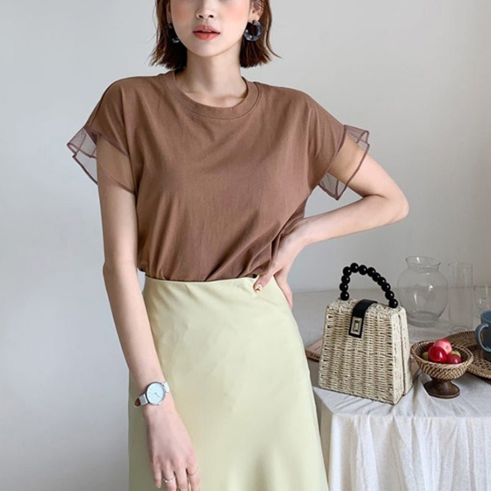 オフィスカジュアル 夏 袖チュール切り替え半袖カットソー ミレジェネ