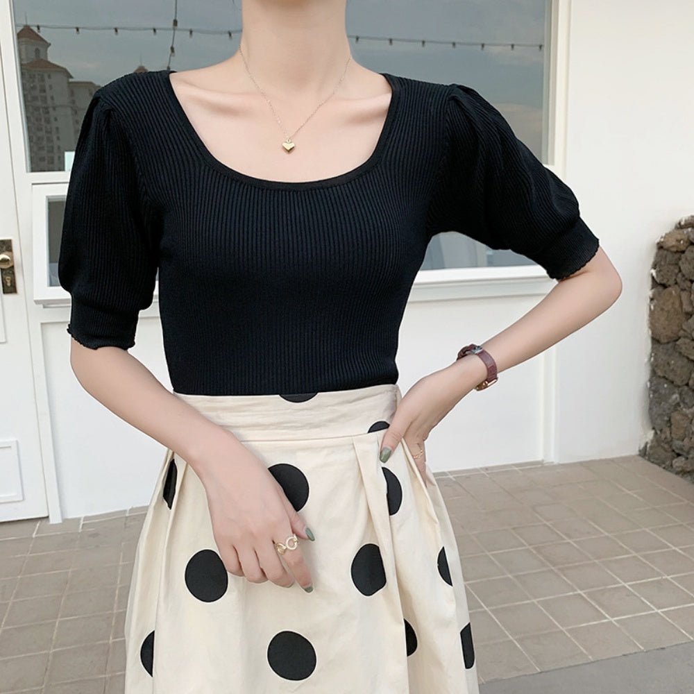 パフスリーブ半袖リブニット|オフィスカジュアル レディース 通販【ミレジェネ】