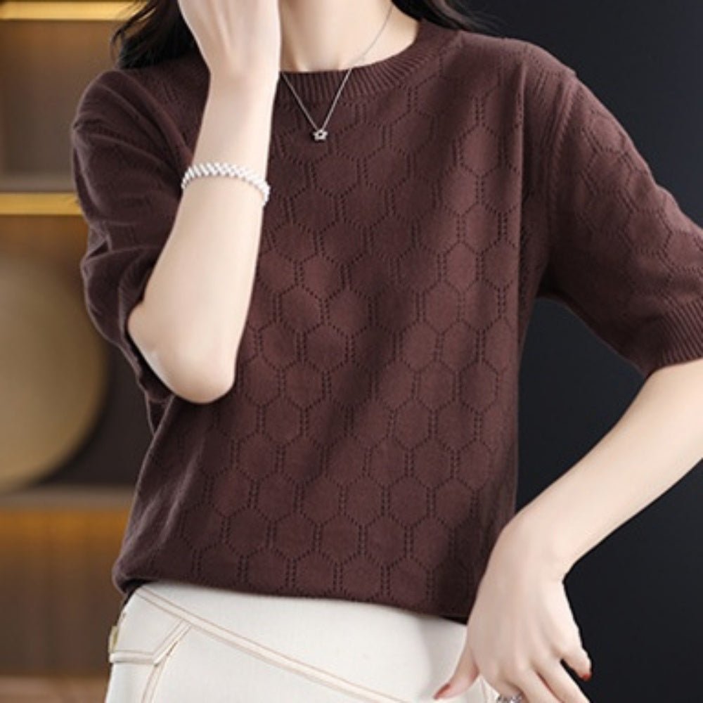 ハニカム柄ラウンドネック半袖サマーニット|オフィスカジュアル レディース 通販 Millennial Generation【ミレジェネ】