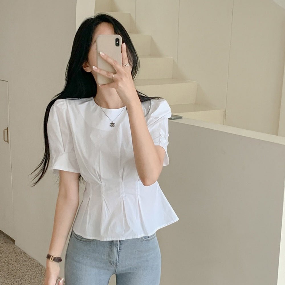 オフィスカジュアル 夏 ウエストタック半袖シンプルブラウス ミレジェネ