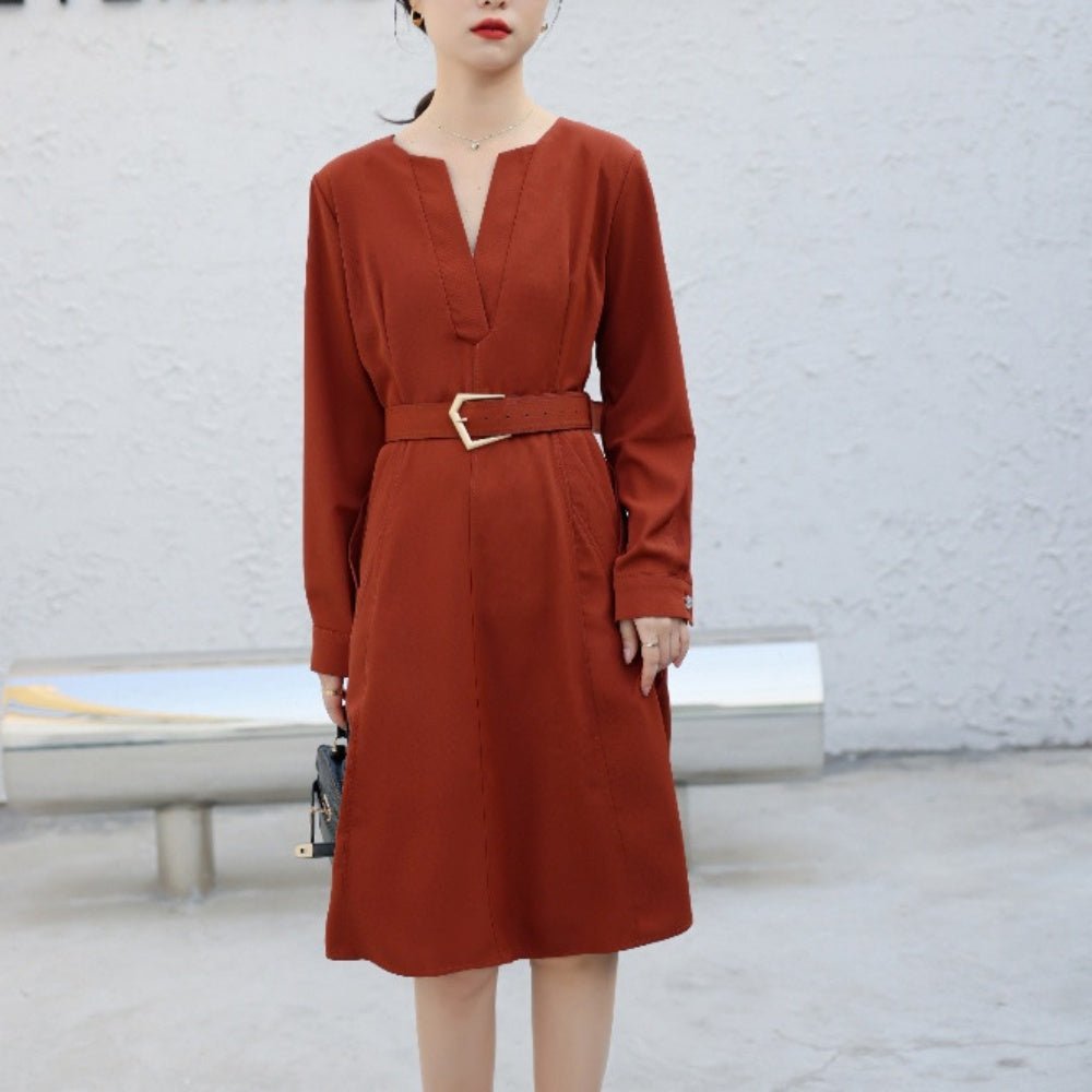 オフィスカジュアル 秋 スリットネックウエストマークワンピース ミレジェネ