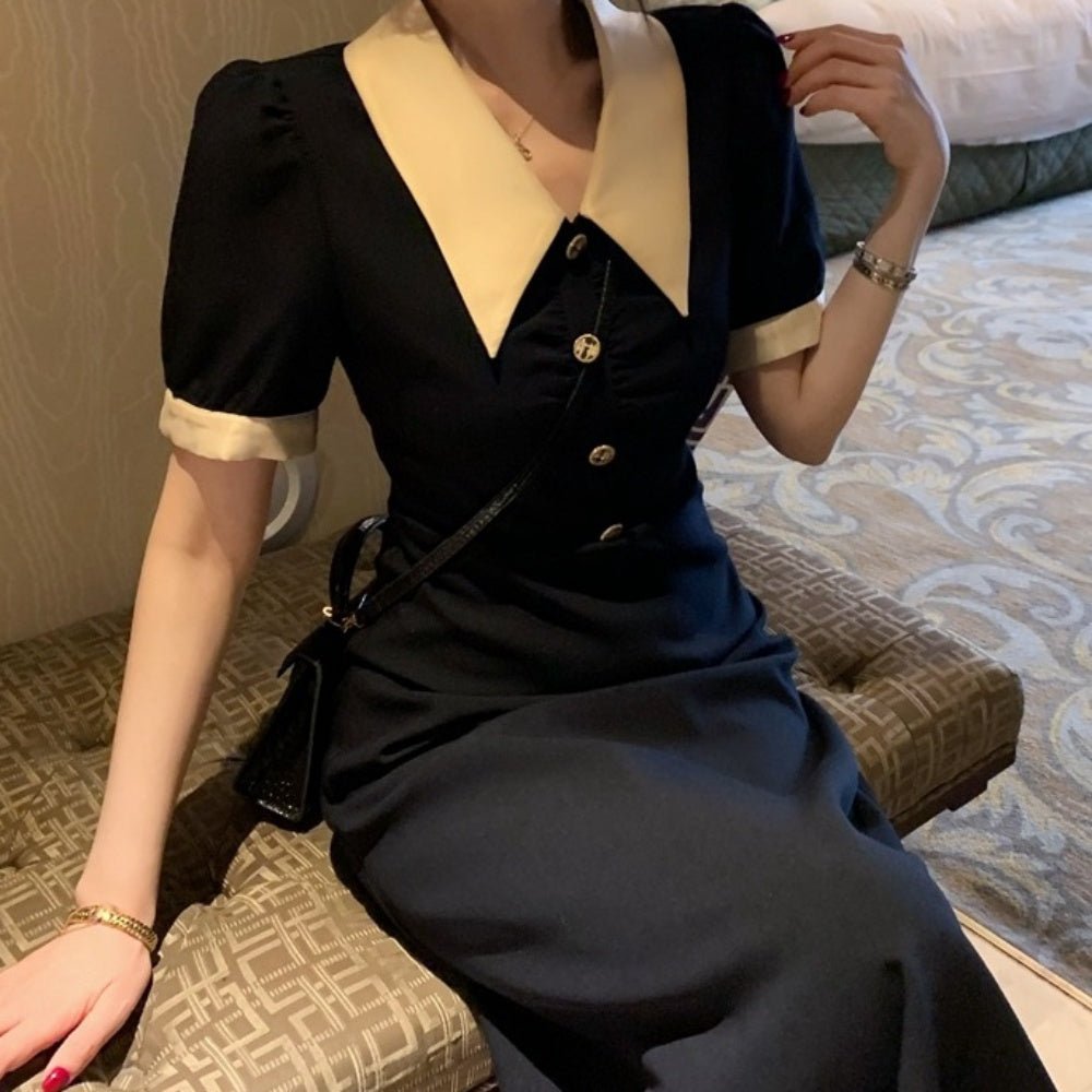 オフィスカジュアル 秋 襟付き飾りボタンパフスリーブワンピース ミレジェネ