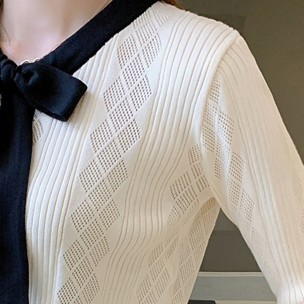 配色ボウタイ付きカーデ風ニットトップス|オフィスカジュアル レディース 通販【ミレジェネ】