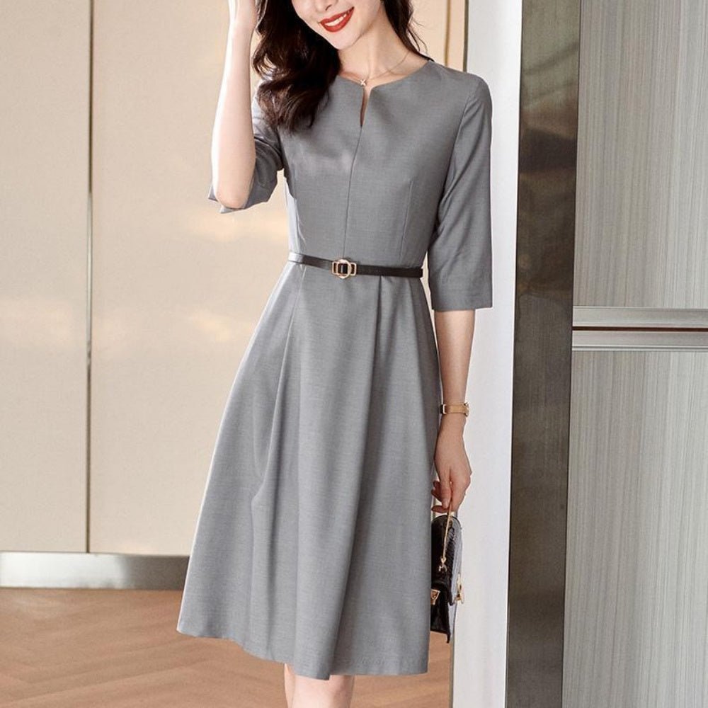 ウエストベルト七分袖ワンピース|オフィスカジュアル レディース 通販【ミレジェネ】