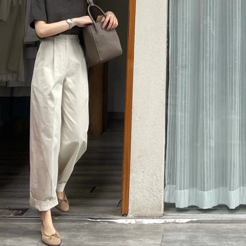 オフィスカジュアル 夏 ハイウエスト裾折り返し線有りパンツ ミレジェネ