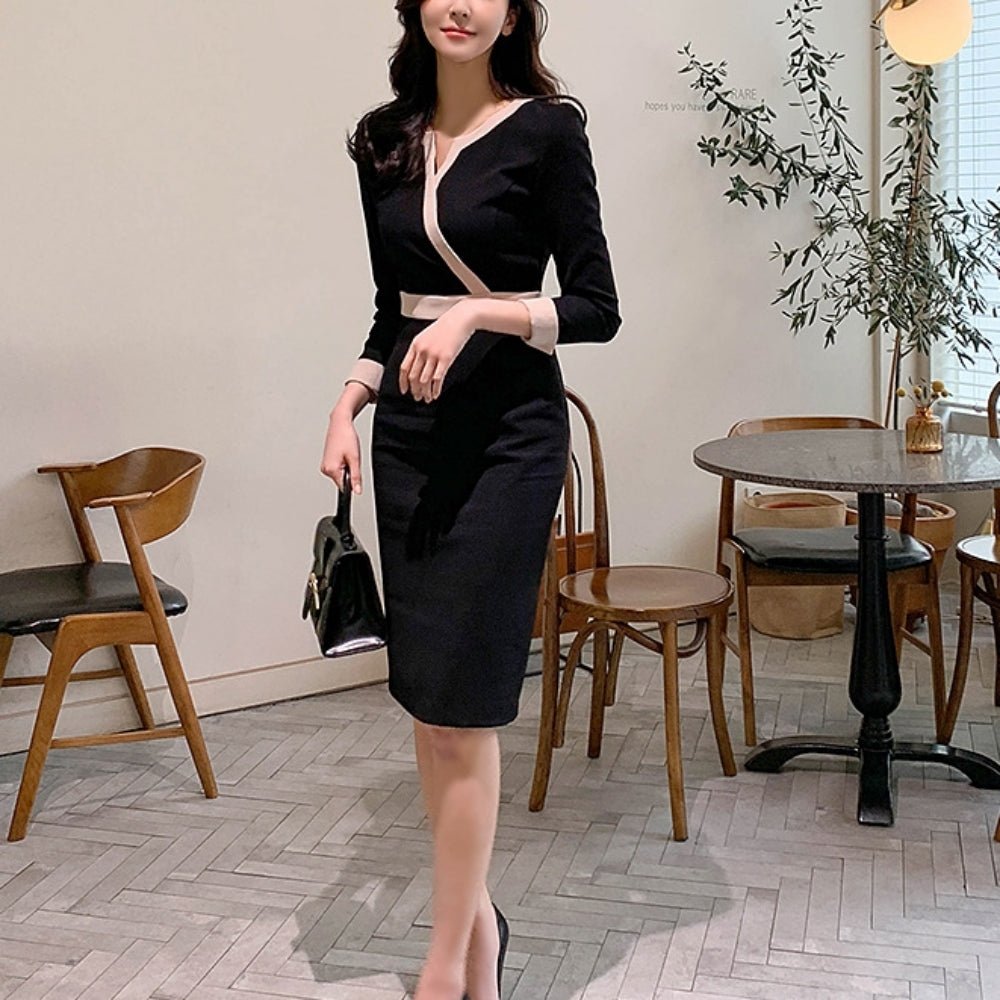 配色ラインVネックスリムワンピース|オフィスカジュアル レディース 通販【ミレジェネ】