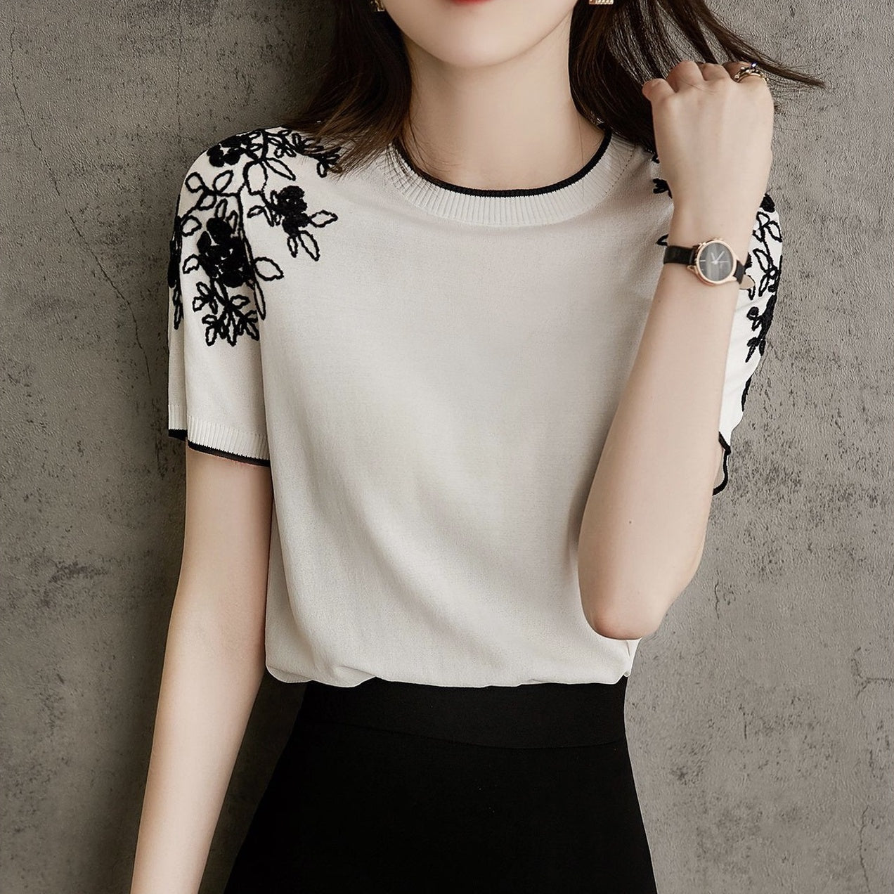 ショルダー刺繍バイカラー半袖トップス|オフィスカジュアル レディース 通販【ミレジェネ】