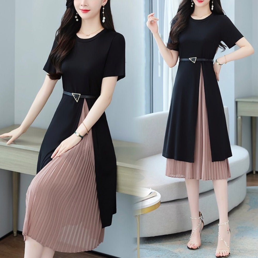 オフィスカジュアル 夏 ベルト付きプリーツ切り替え半袖ワンピース ミレジェネ