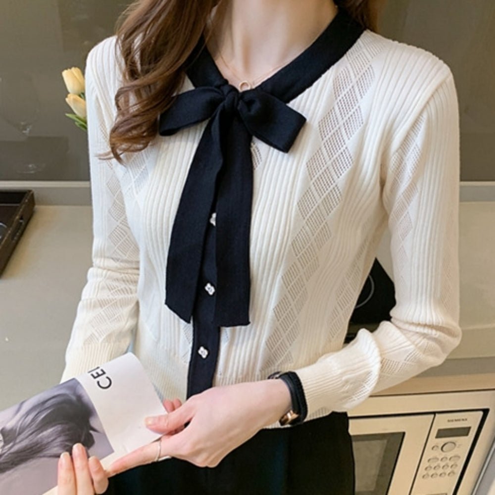 配色ボウタイ付きカーデ風ニットトップス|オフィスカジュアル レディース 通販【ミレジェネ】