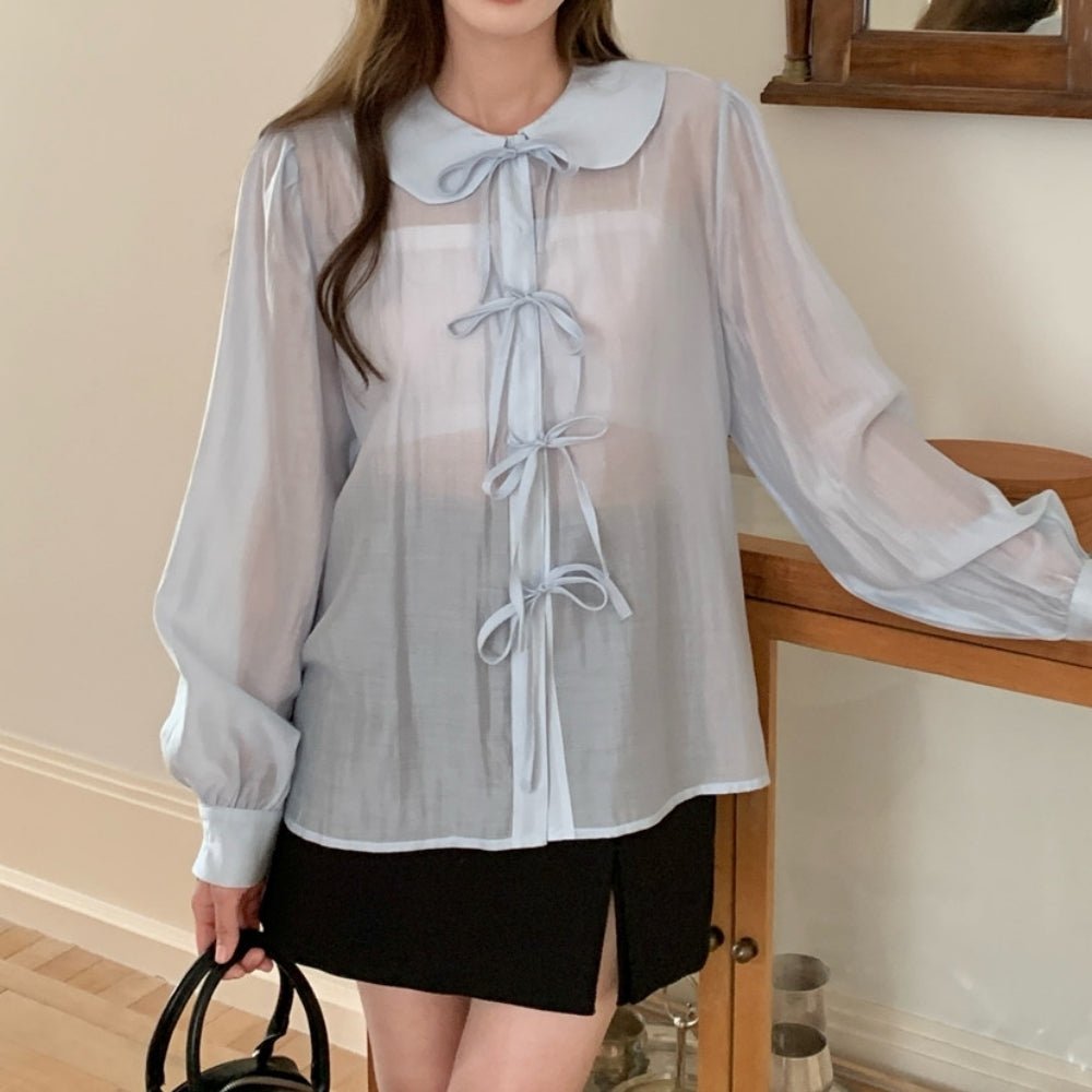 フラットカラーナローリボンシアーブラウス|オフィスカジュアル レディース 通販【ミレジェネ】