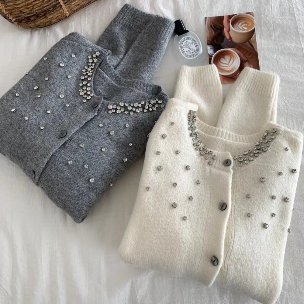 ビジューアクセントクルーネックカーディガン|オフィスカジュアル レディース 通販【ミレジェネ】