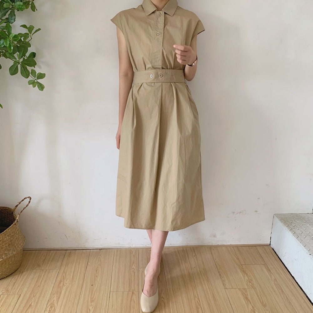 オフィスカジュアル 夏 ウエストベルト付き前ボタンロングワンピース ミレジェネ