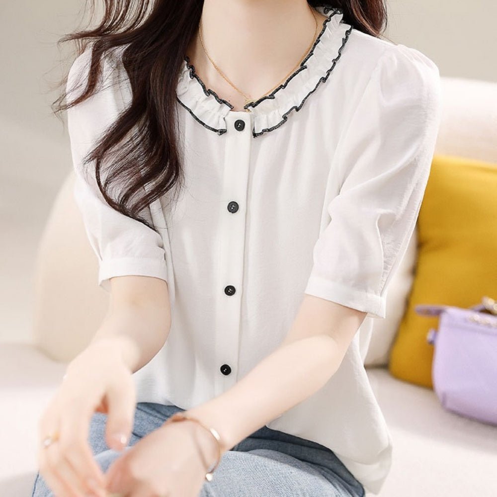 フリル襟配色ブラウス|オフィスカジュアル レディース 通販【ミレジェネ】