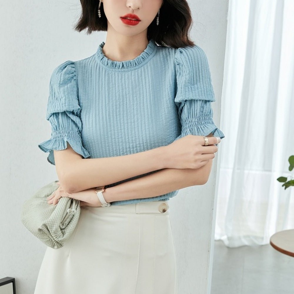 袖コンシャスフリル襟半袖トップス|オフィスカジュアル レディース 通販【ミレジェネ】