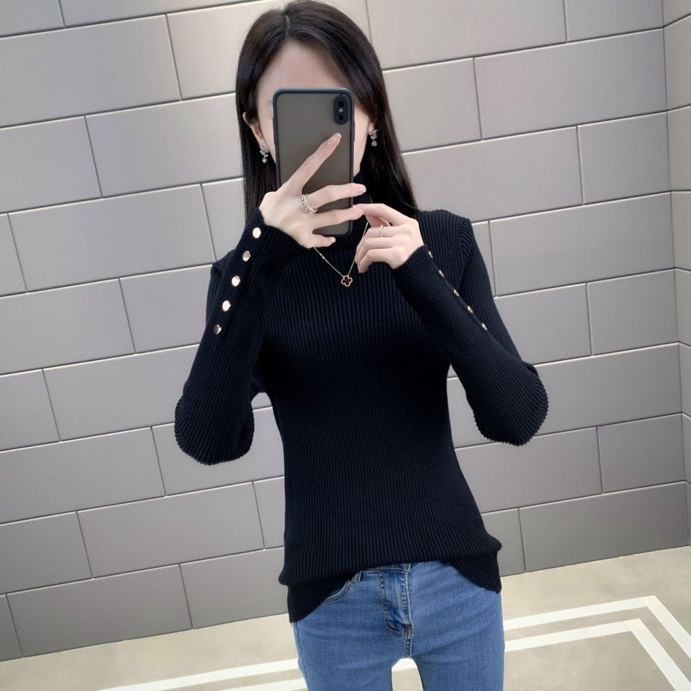 金ボタンハイネックリブニット|オフィスカジュアル レディース 通販【ミレジェネ】