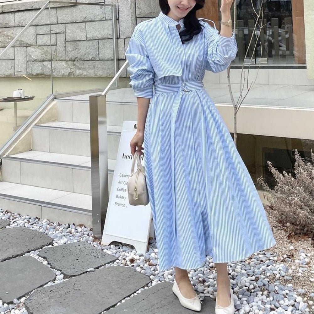 フラップデザインストライプワンピース|オフィスカジュアル レディース 通販【ミレジェネ】