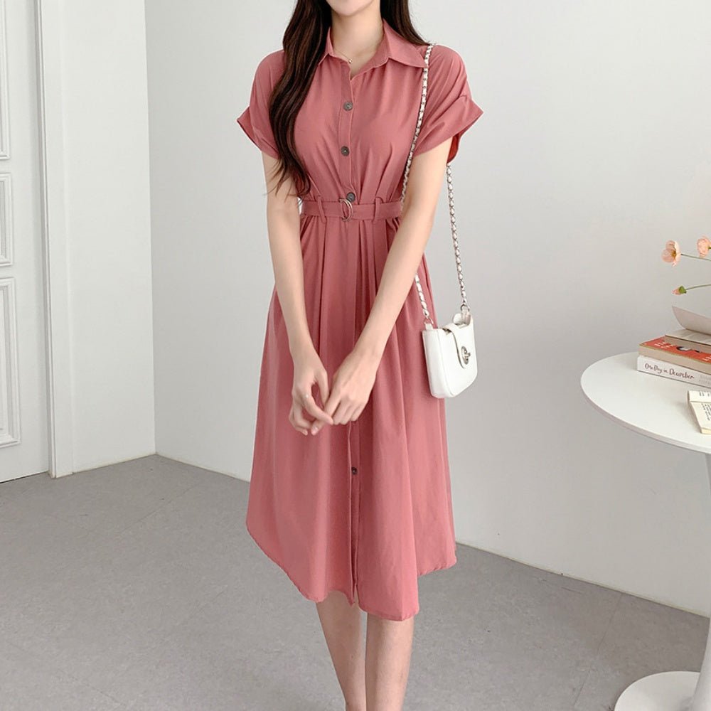 共布ベルト付き開襟半袖ワンピース|オフィスカジュアル レディース 通販 Millennial Generation【ミレジェネ】