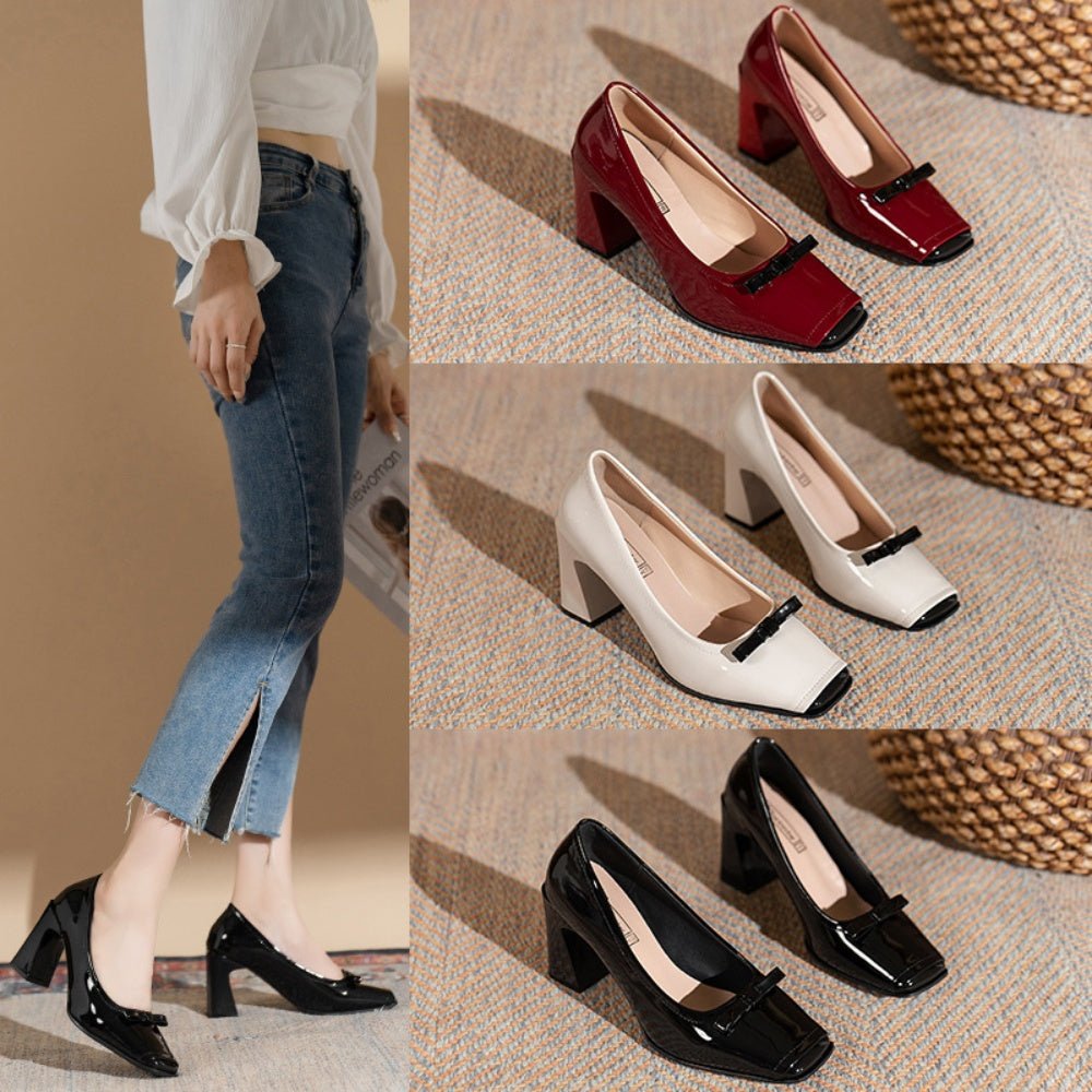 オフィスカジュアル リボン飾り付きスクエアトゥパンプス ミレジェネ