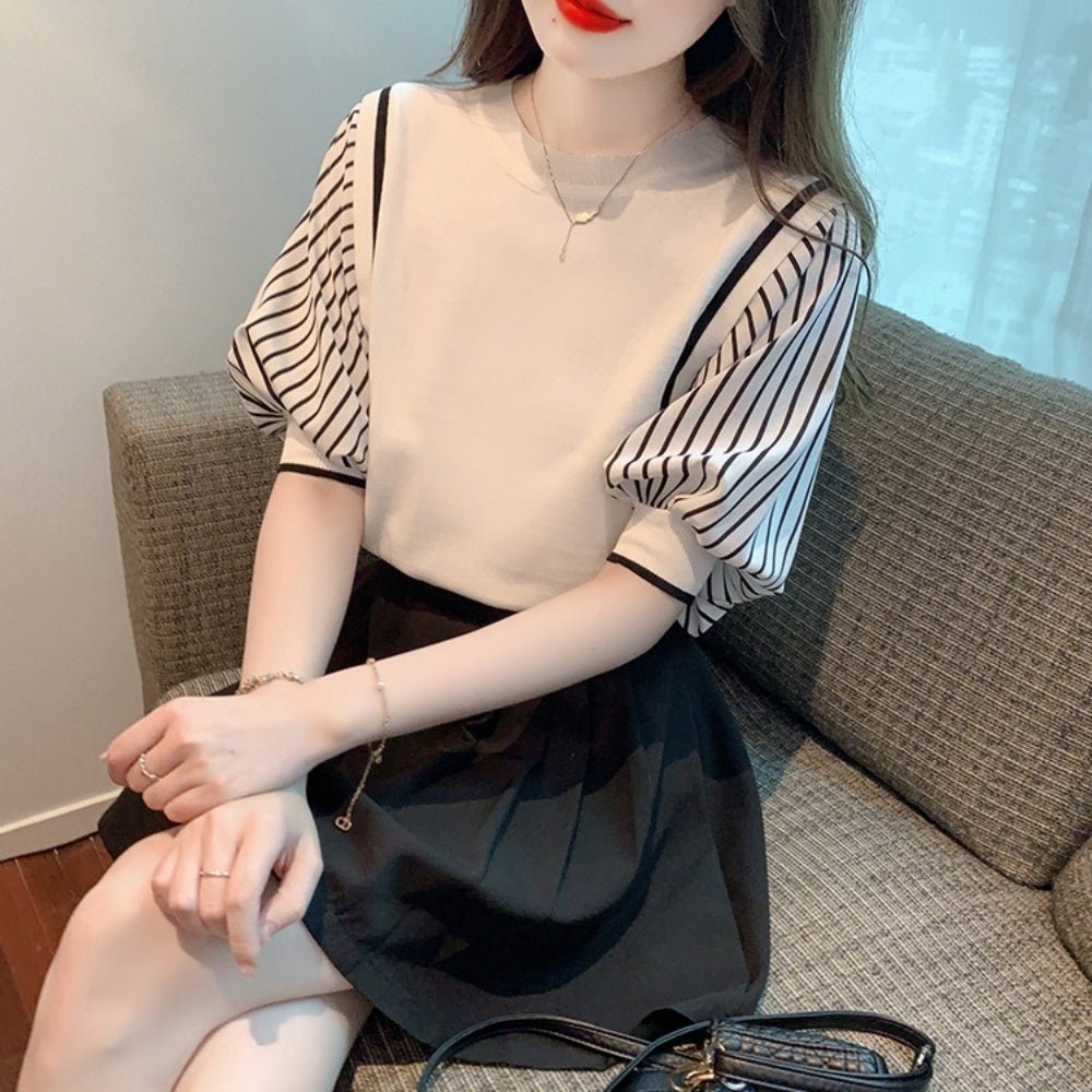 パフスリーブストライプ半袖ニット|オフィスカジュアル レディース 通販【ミレジェネ】