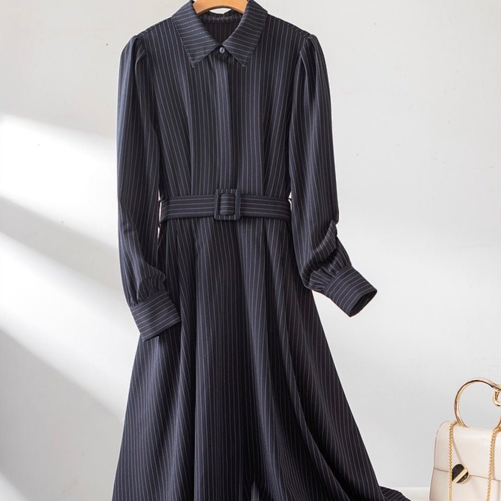 ピンストライプウエストベルトワンピース|オフィスカジュアル レディース 通販 Millennial Generation【ミレジェネ】