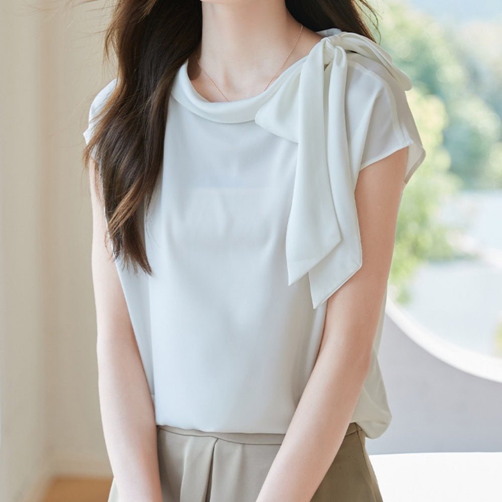 オフィスカジュアル 夏 首元リボン飾りシルク調カットソー ミレジェネ