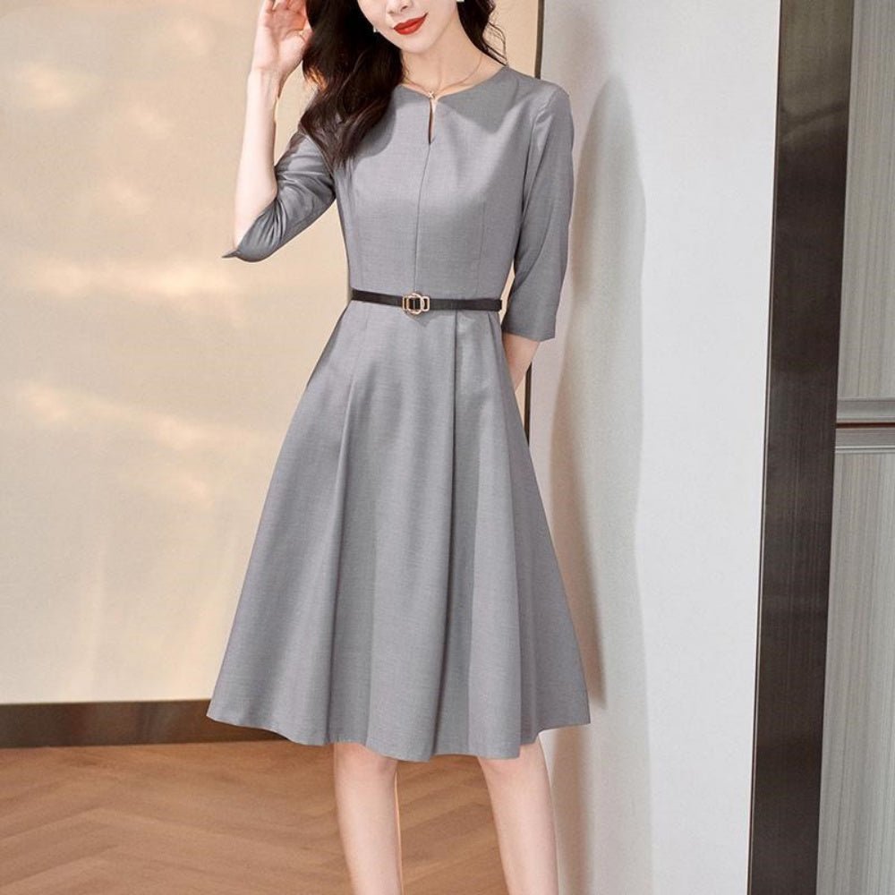 ウエストベルト七分袖ワンピース|オフィスカジュアル レディース 通販【ミレジェネ】