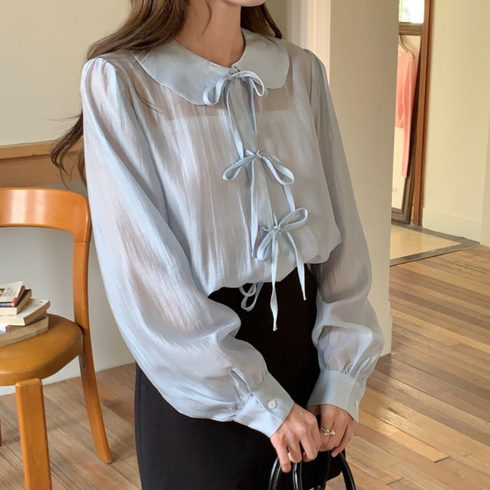 フラットカラーナローリボンシアーブラウス|オフィスカジュアル レディース 通販【ミレジェネ】