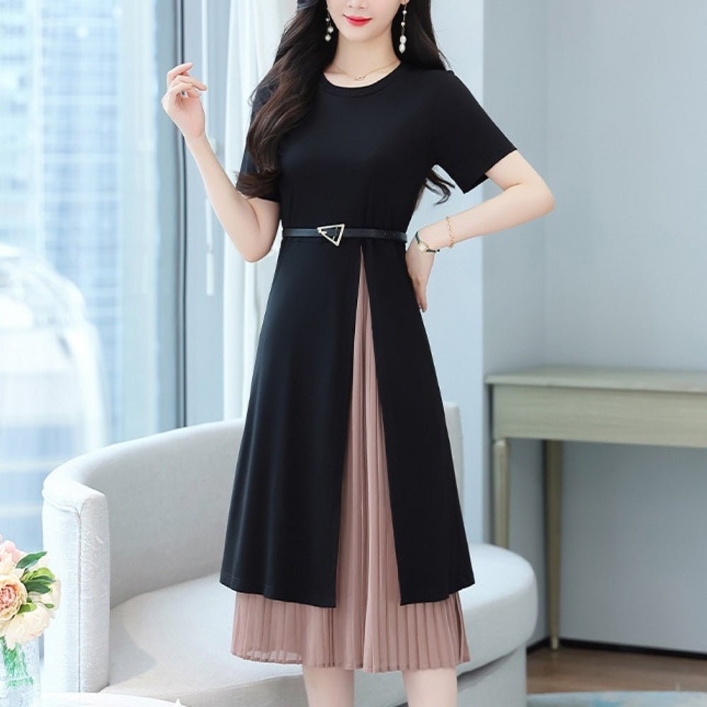 ベルト付きプリーツ切り替え半袖ワンピース|オフィスカジュアル レディース 通販 Millennial Generation【ミレジェネ】