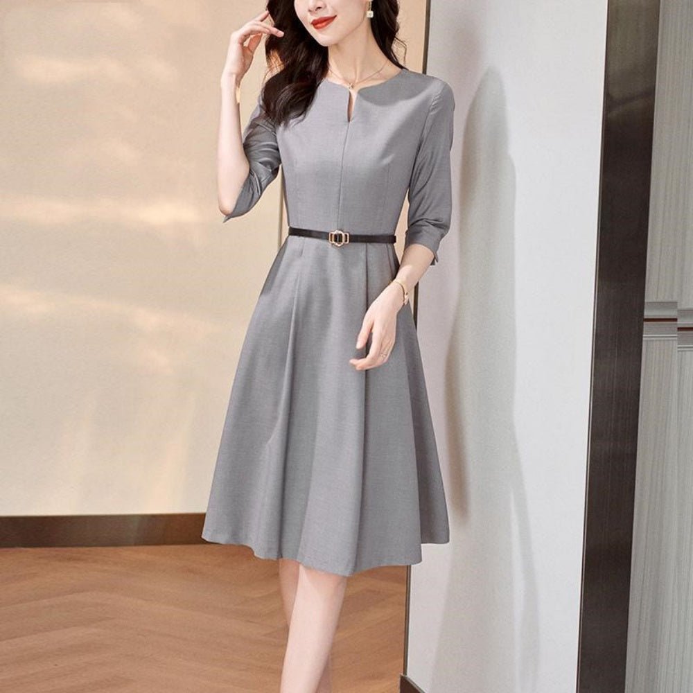 ウエストベルト七分袖ワンピース|オフィスカジュアル レディース 通販【ミレジェネ】