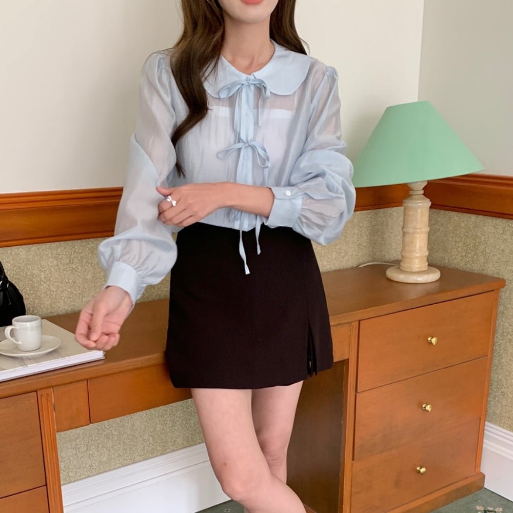 フラットカラーナローリボンシアーブラウス|オフィスカジュアル レディース 通販【ミレジェネ】