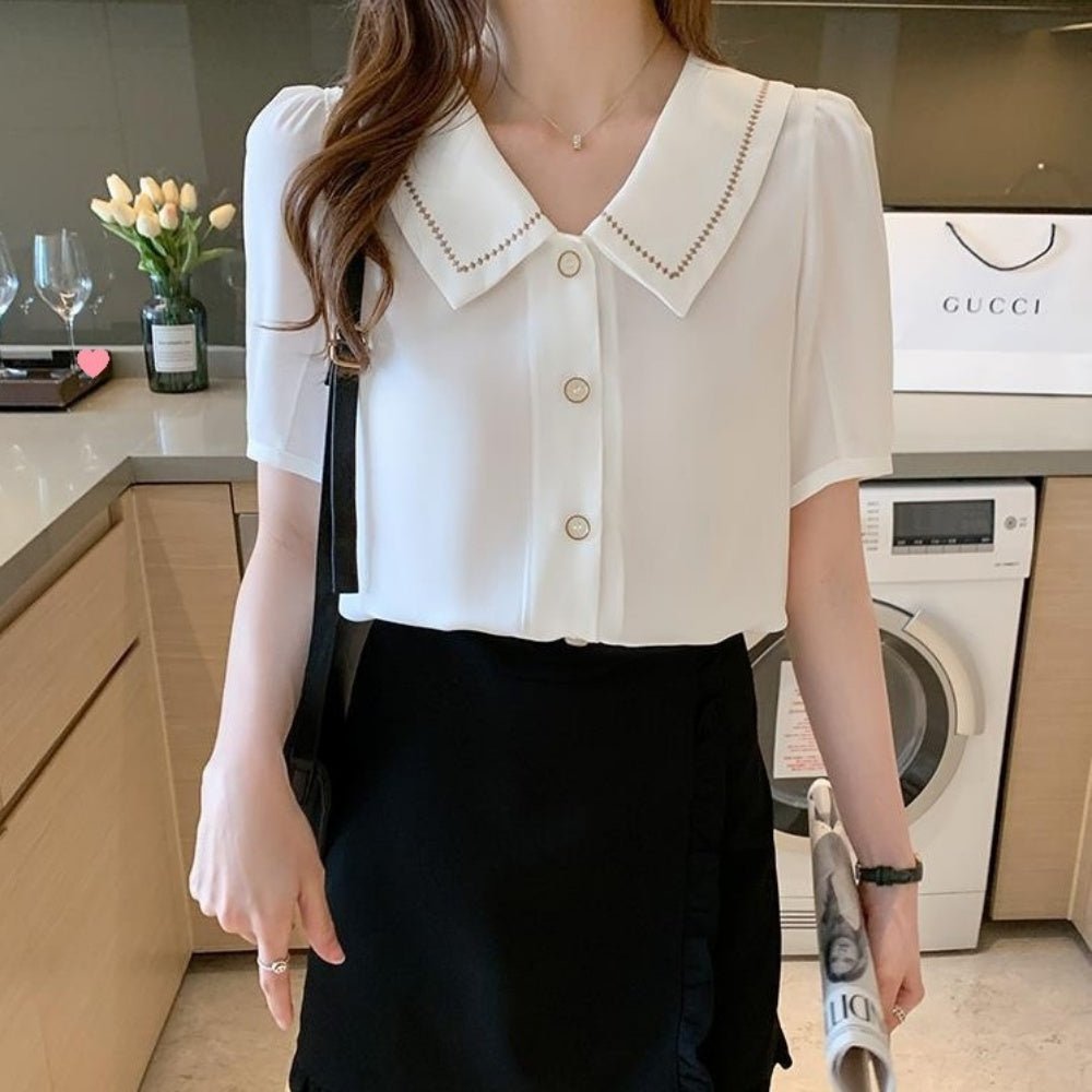 オフィスカジュアル 夏 ボタン襟付きブラウス ミレジェネ