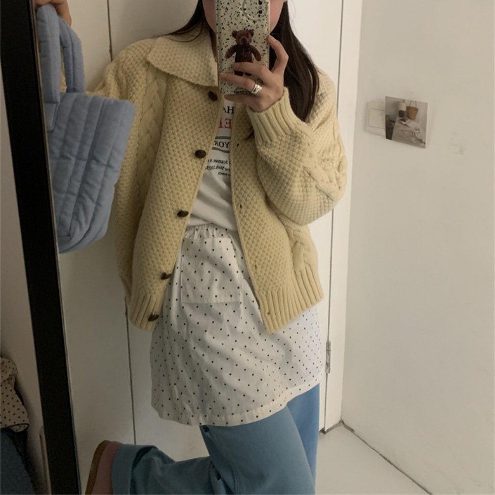 襟付きケーブルニットカーディガン|オフィスカジュアル レディース 通販【ミレジェネ】