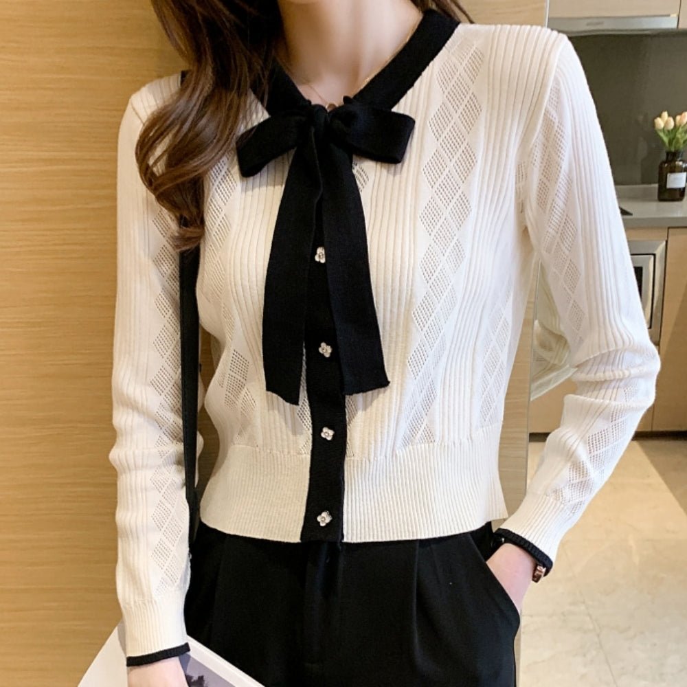 配色ボウタイ付きカーデ風ニットトップス|オフィスカジュアル レディース 通販【ミレジェネ】