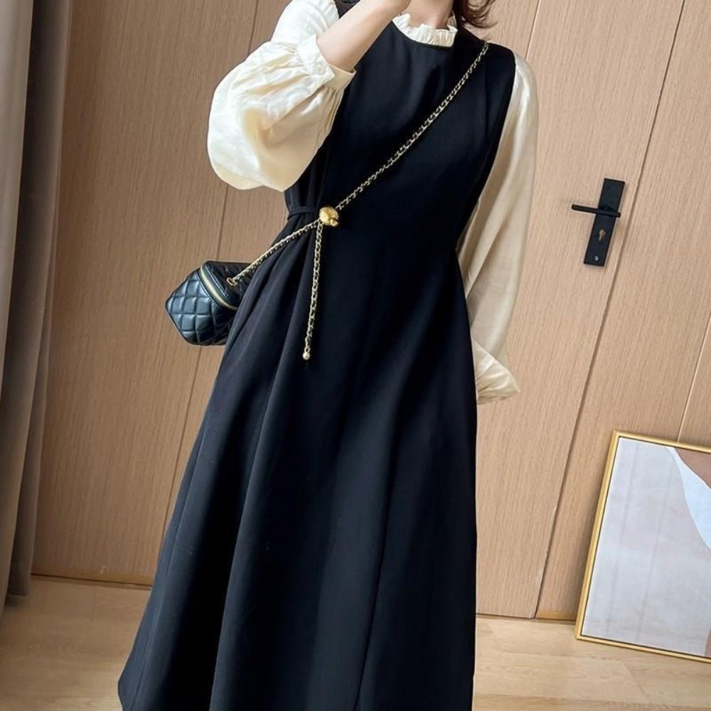 フリル襟袖切り替え膝丈長袖ワンピース|オフィスカジュアル レディース 通販 Millennial Generation【ミレジェネ】