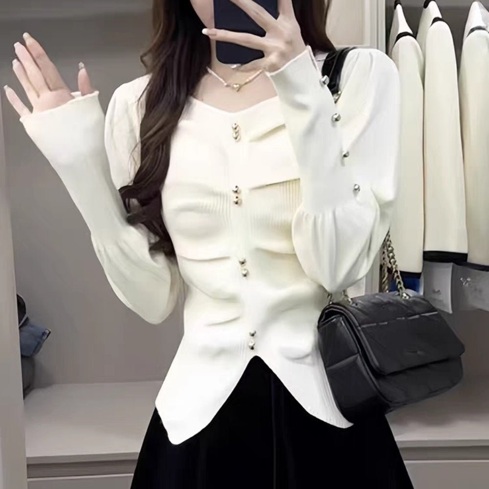 ゴールドボタンハートネックニットトップス|オフィスカジュアル レディース 通販【ミレジェネ】