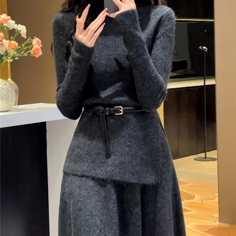 オフィスカジュアル 冬 ベルト付きニットセットアップ ミレジェネ