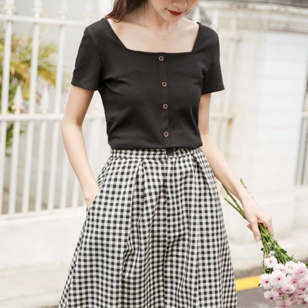 オフィスカジュアル 夏 スクエアネックボタン半袖カットソー ミレジェネ