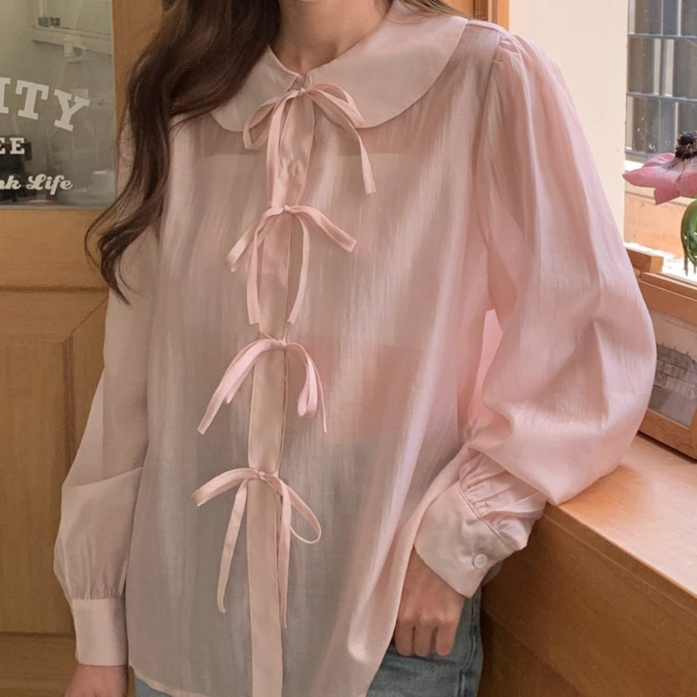 フラットカラーナローリボンシアーブラウス|オフィスカジュアル レディース 通販【ミレジェネ】