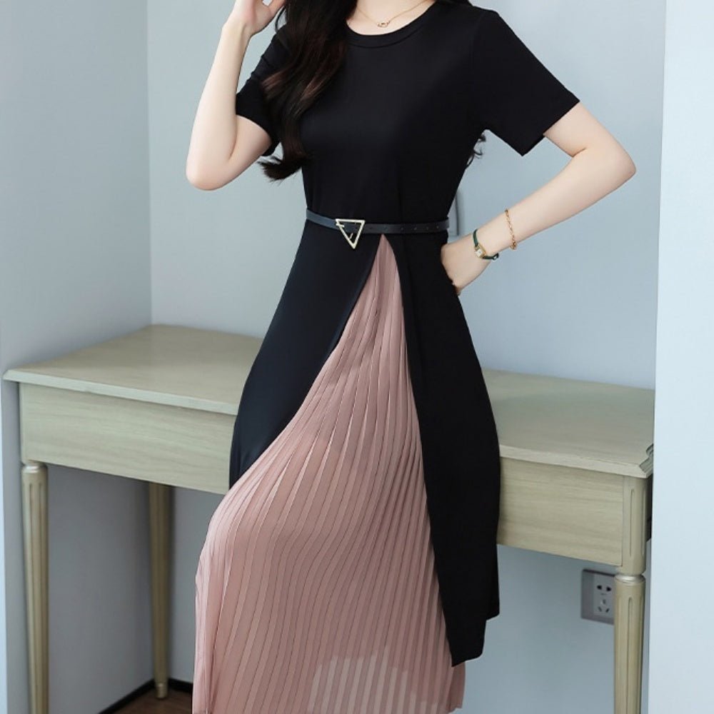 ベルト付きプリーツ切り替え半袖ワンピース|オフィスカジュアル レディース 通販 Millennial Generation【ミレジェネ】