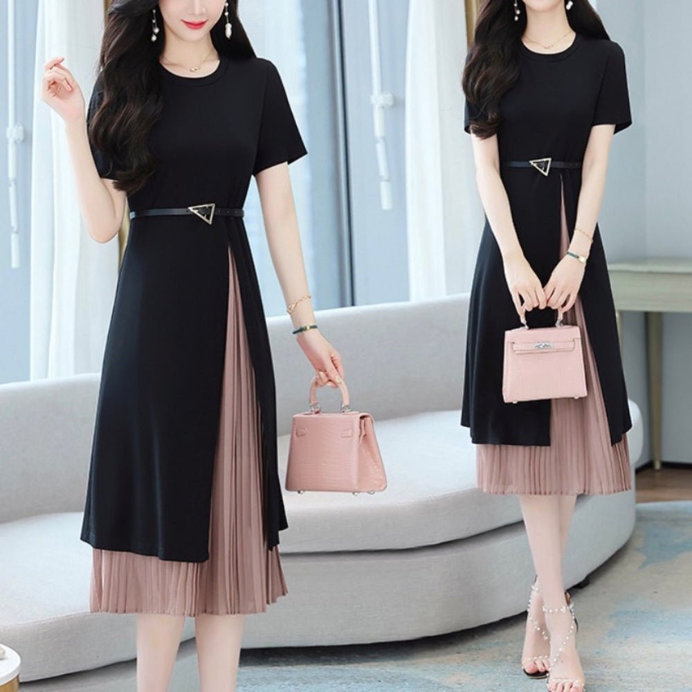 ベルト付きプリーツ切り替え半袖ワンピース|オフィスカジュアル レディース 通販 Millennial Generation【ミレジェネ】