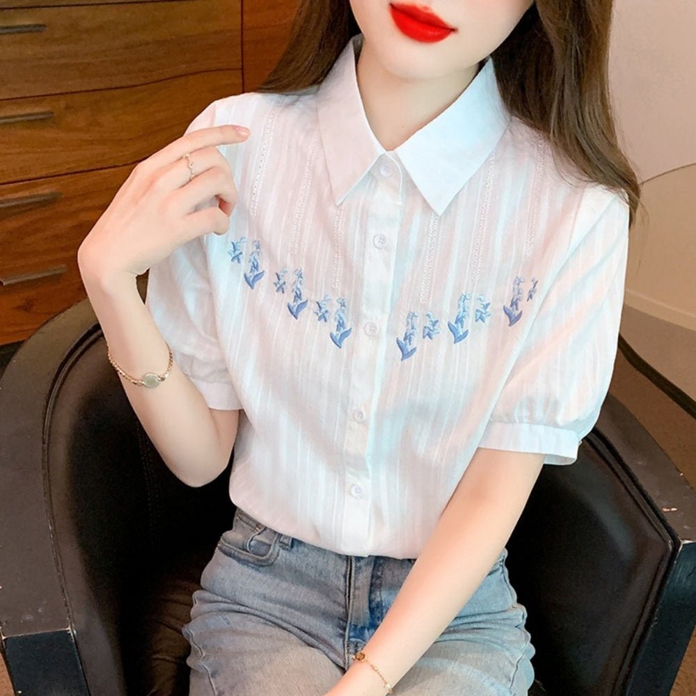 フラワー刺繍パフスリーブブラウス|オフィスカジュアル レディース 通販【ミレジェネ】